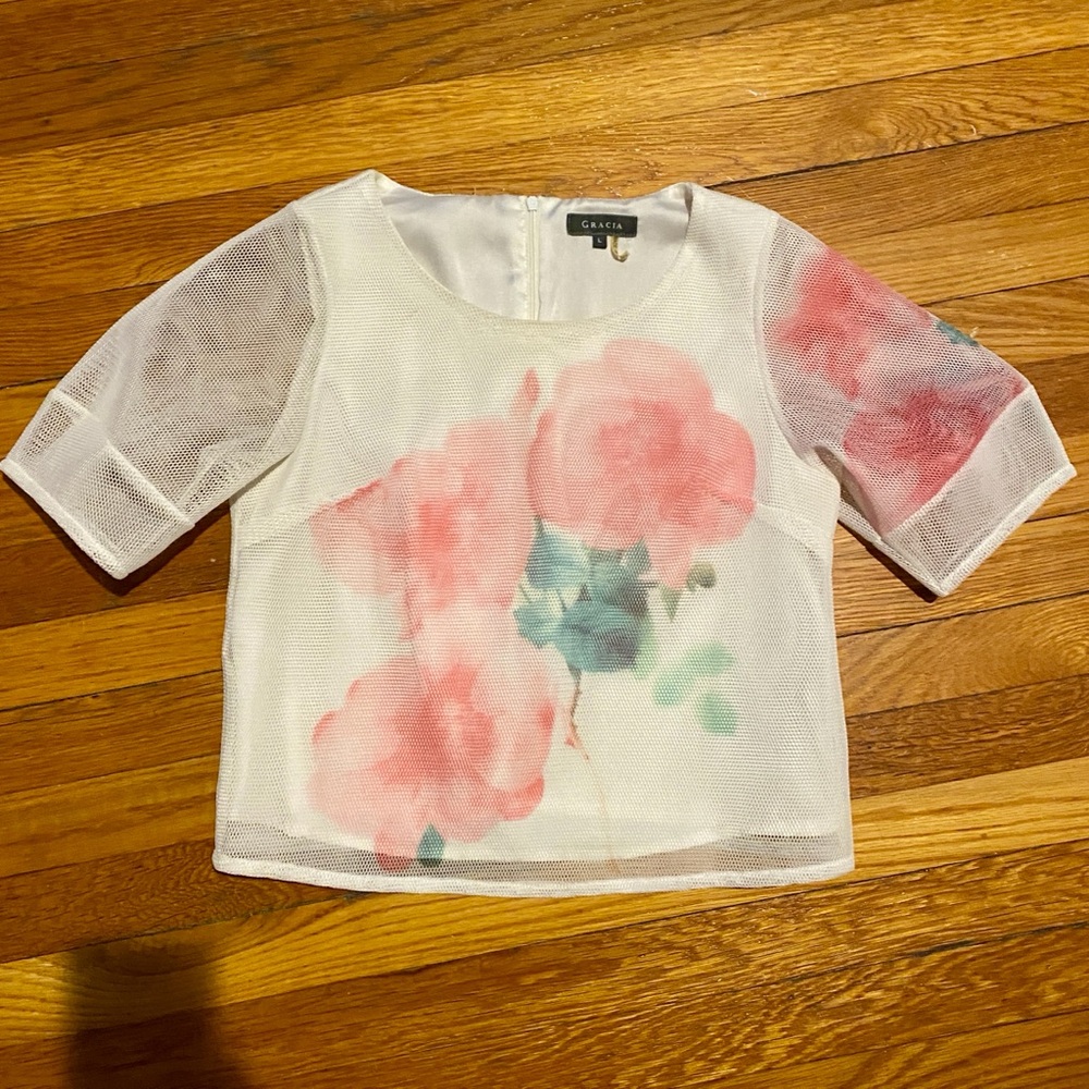 Floral Print Mesh Layered Top // Sz L